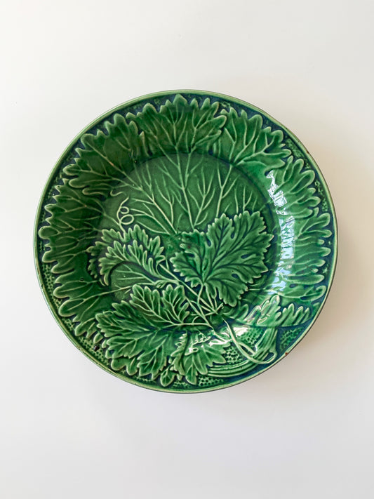 Antique Green Majolica Vine Leaf Plate