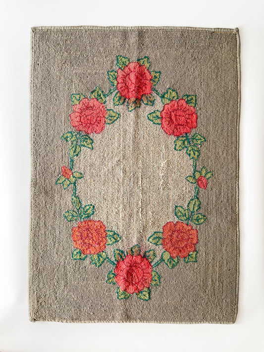 Vintage Hooked Rug with Cabbage Rose Wreath Pattern