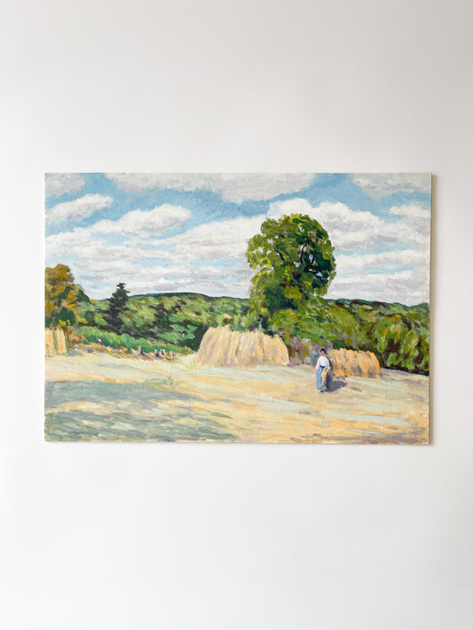 The Harvest at Montfoucault After Camille Pissarro Vintage Unframed Oil Painting
