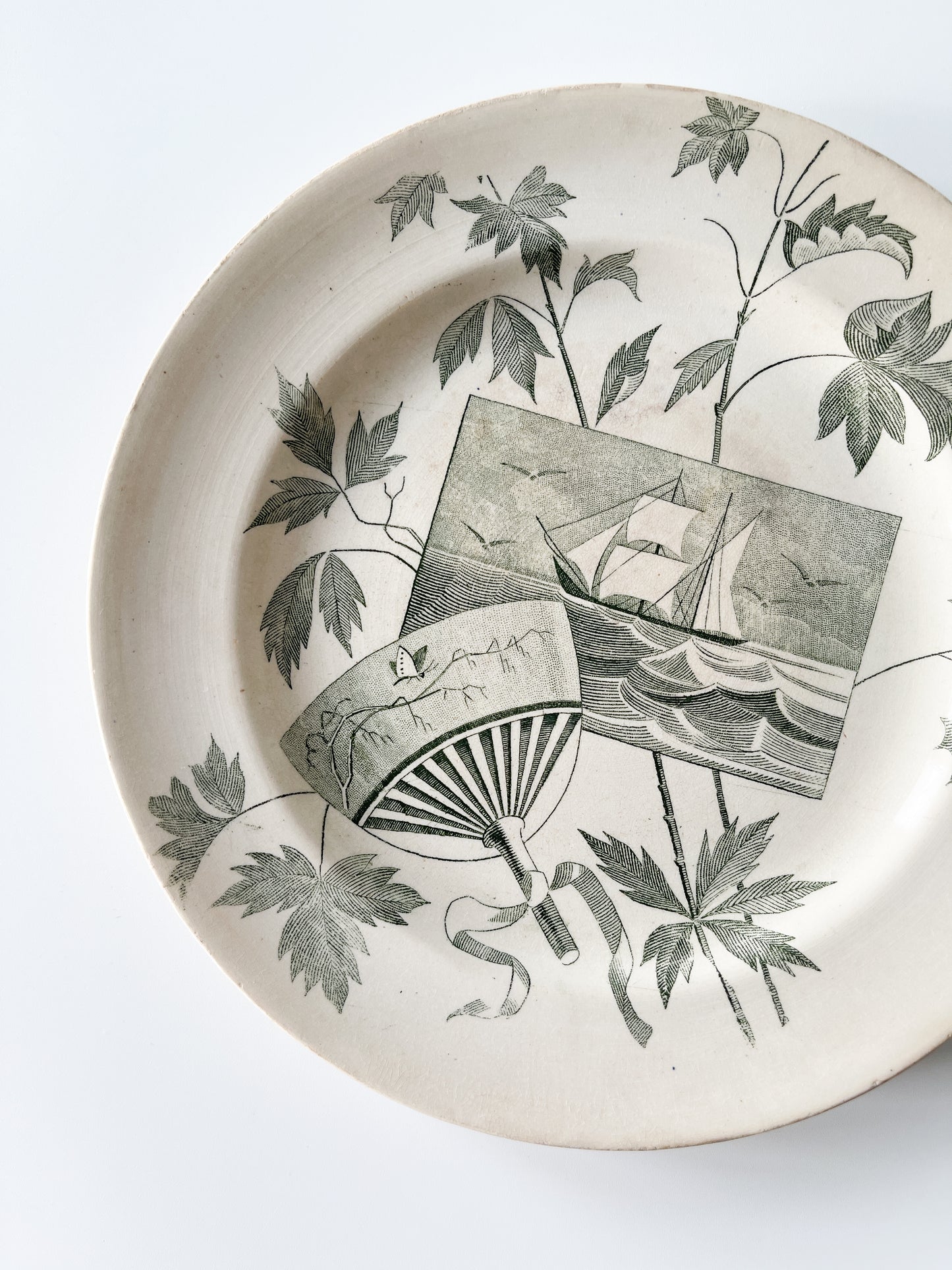 Antique Green Transferware Nautical Sailboat Plate