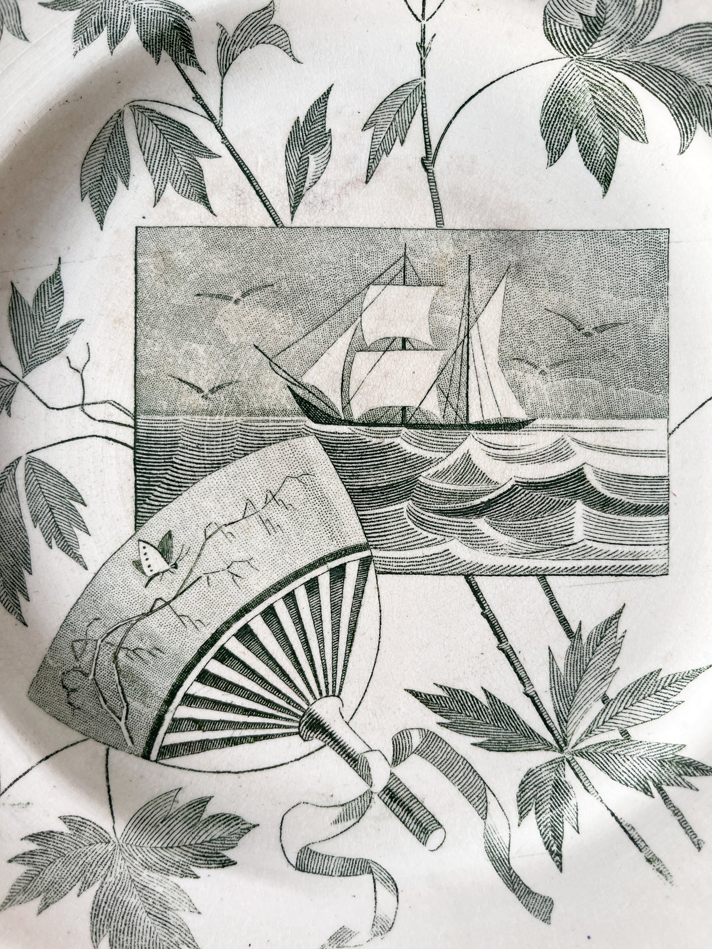 Antique Green Transferware Nautical Sailboat Plate