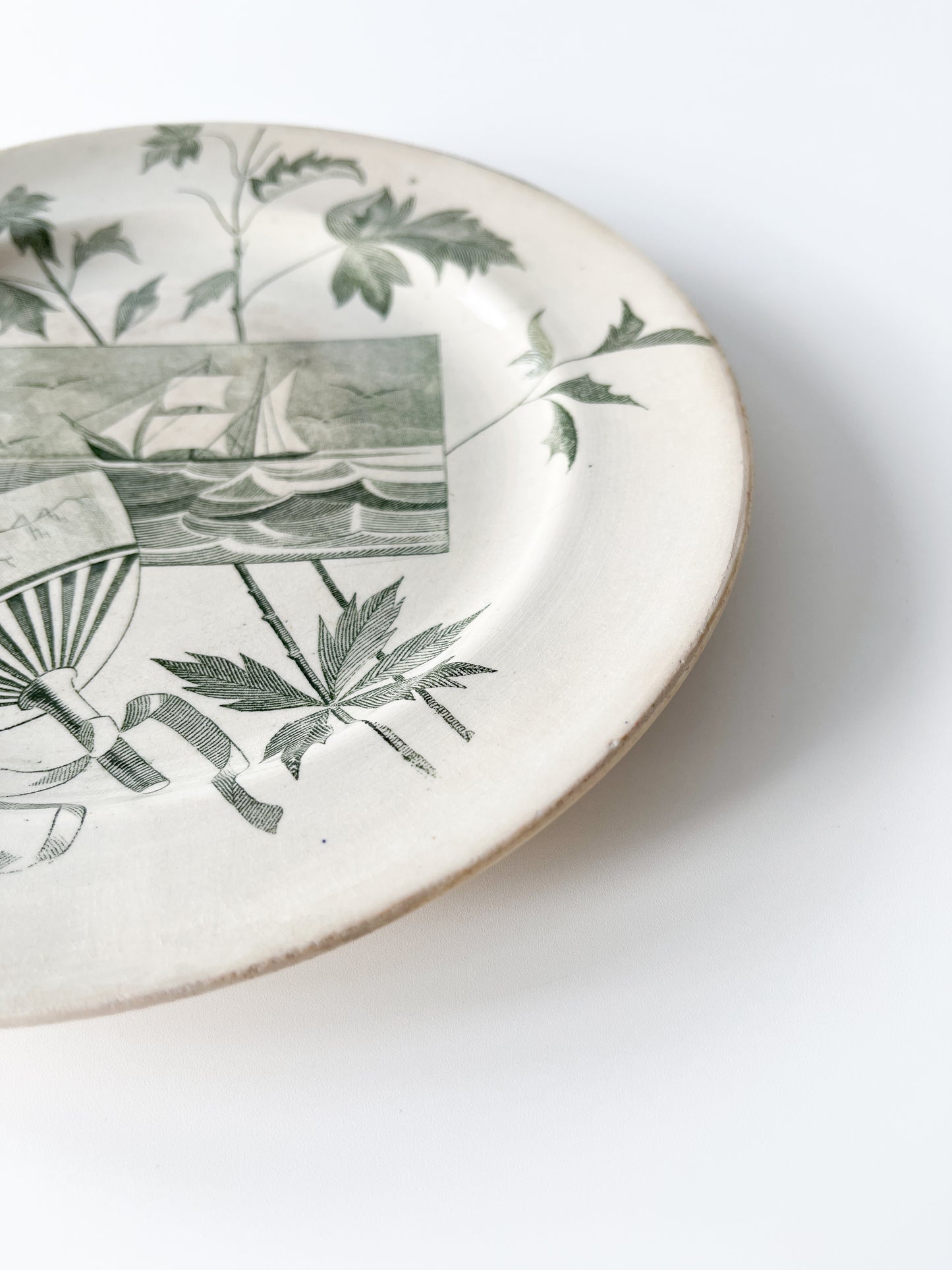 Antique Green Transferware Nautical Sailboat Plate