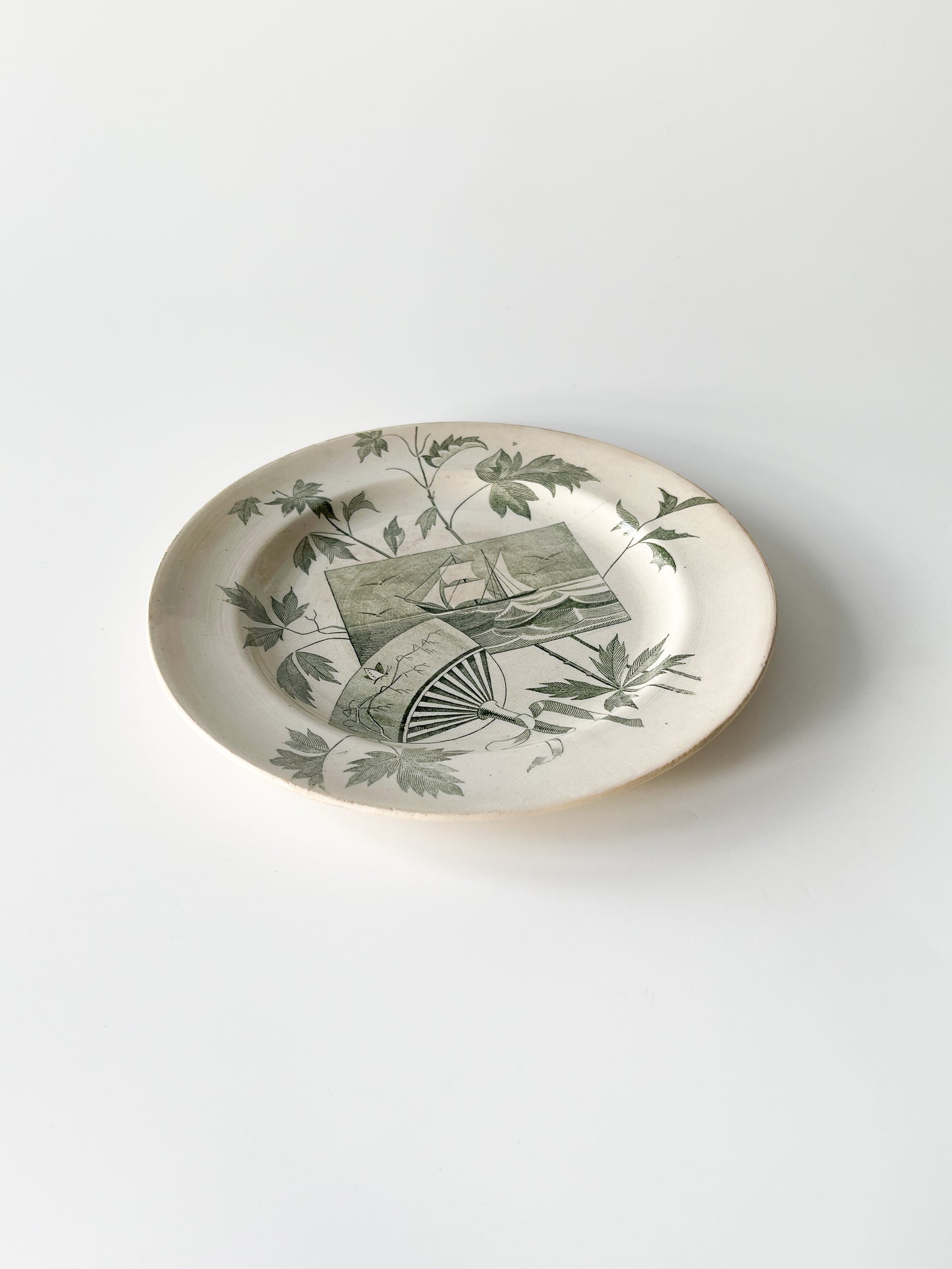 Antique Green Transferware Nautical Sailboat Plate