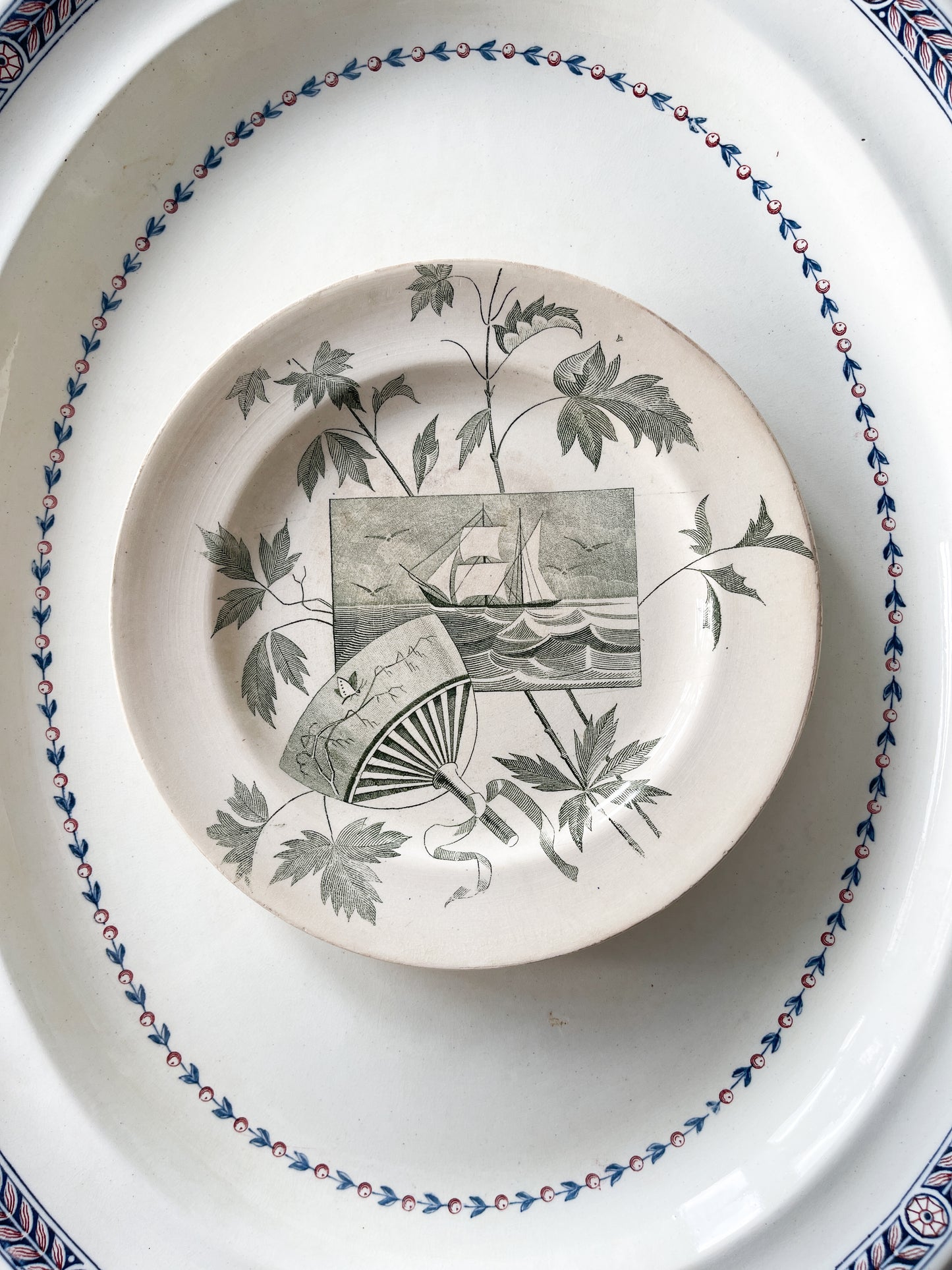Antique Green Transferware Nautical Sailboat Plate