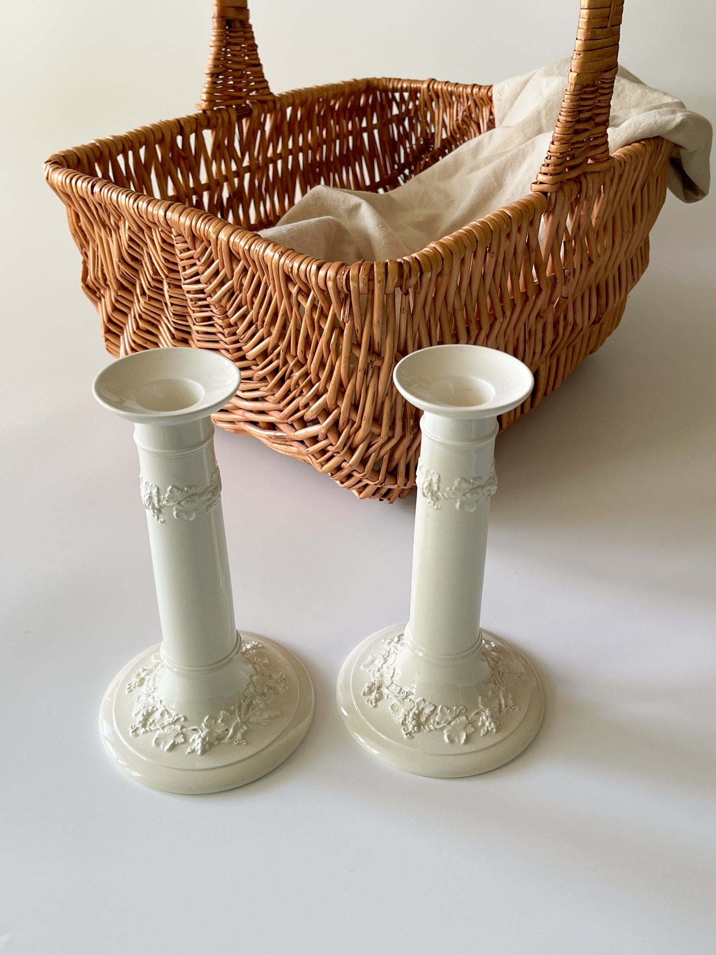 Wedgwood Embossed Queensware Cream Candlesticks