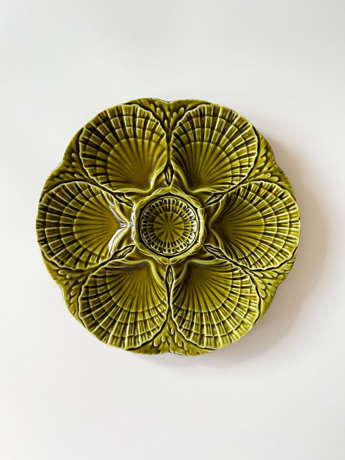 French Sarreguemines Moss Green Oyster Plate