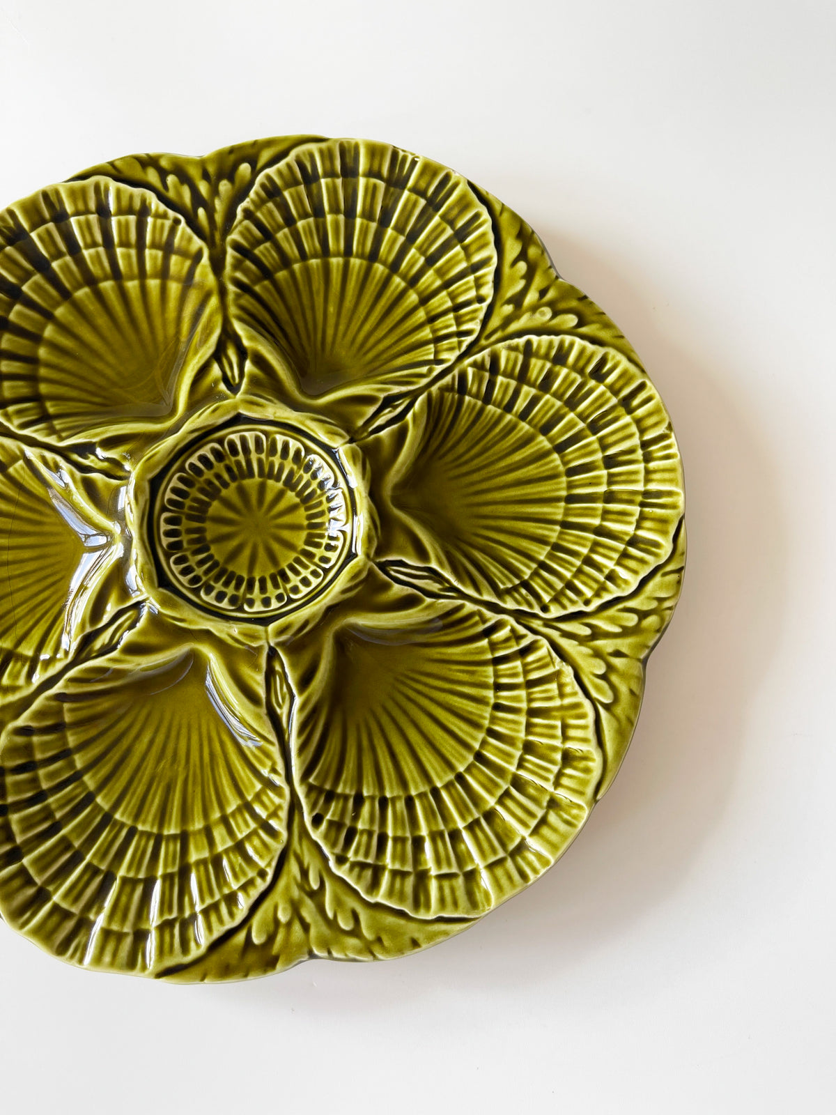 French Sarreguemines Moss Green Oyster Plate