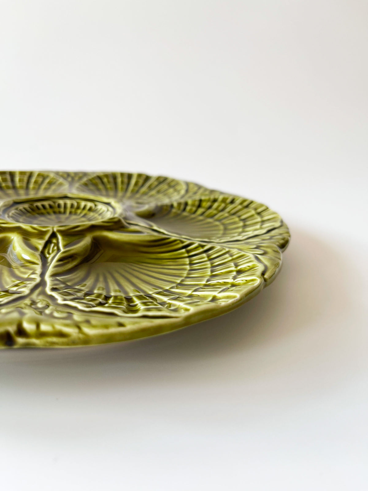French Sarreguemines Moss Green Oyster Plate