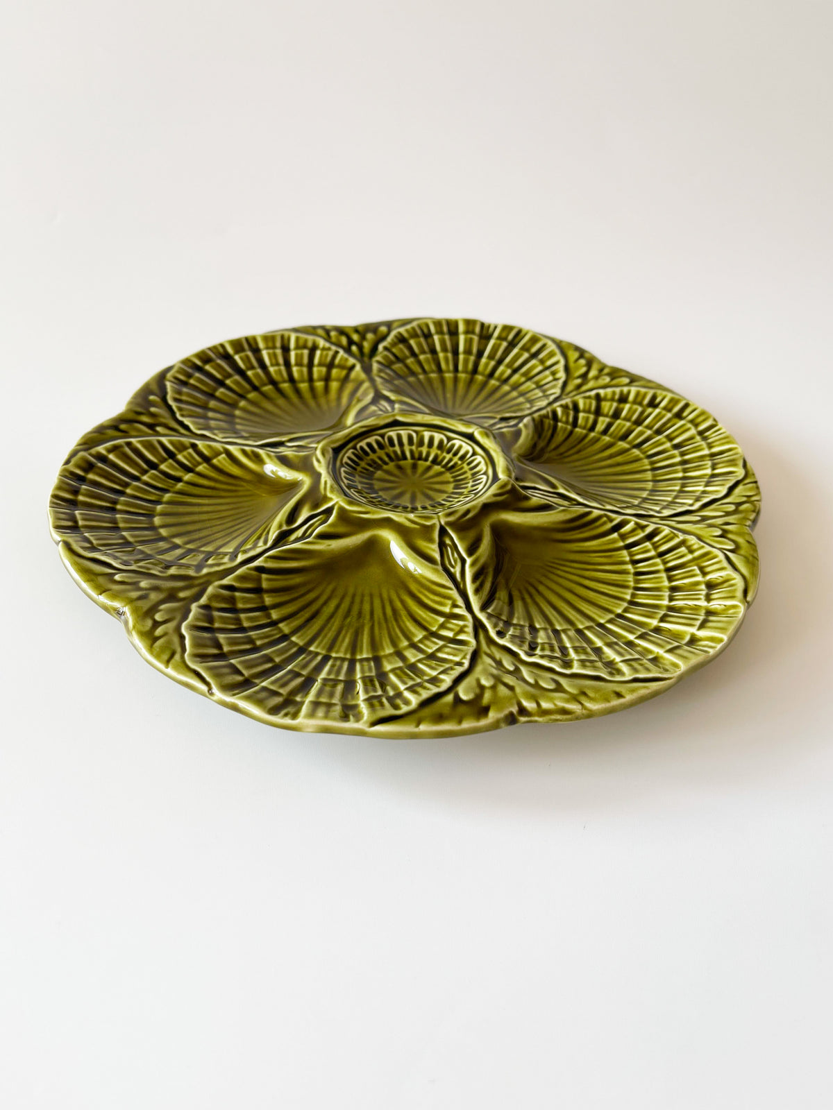 French Sarreguemines Moss Green Oyster Plate
