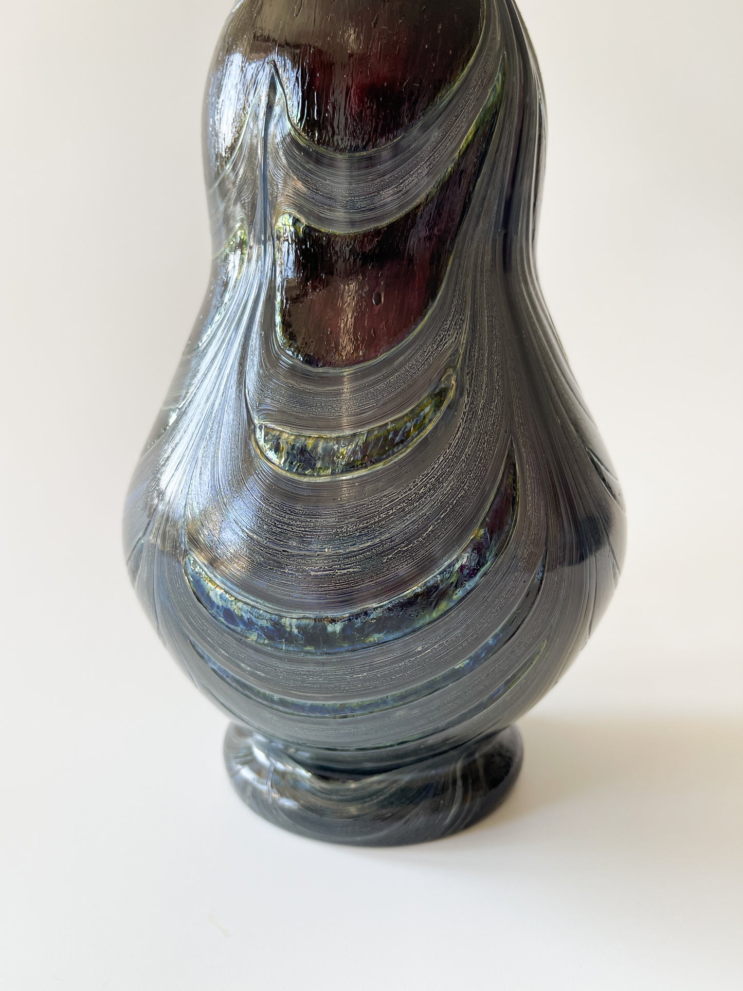 Vintage Dark Studio Glass Vase with Combed Trailing