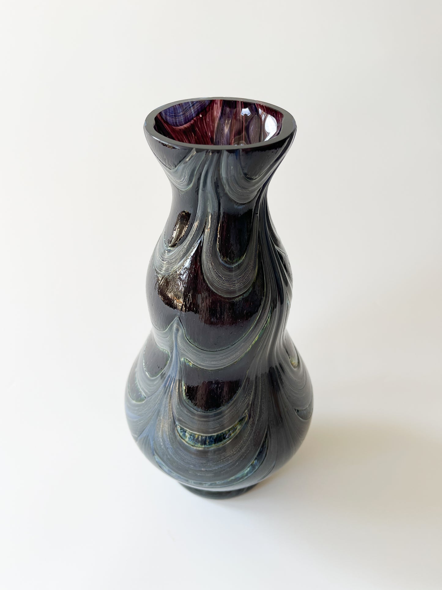 Vintage Dark Studio Glass Vase with Combed Trailing