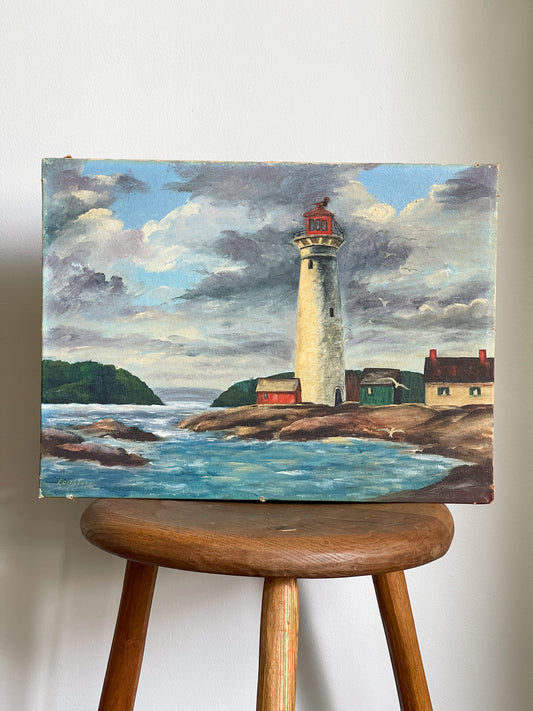Vintage Coastal Lighthouse Oil Painting Signed Edith Lesee