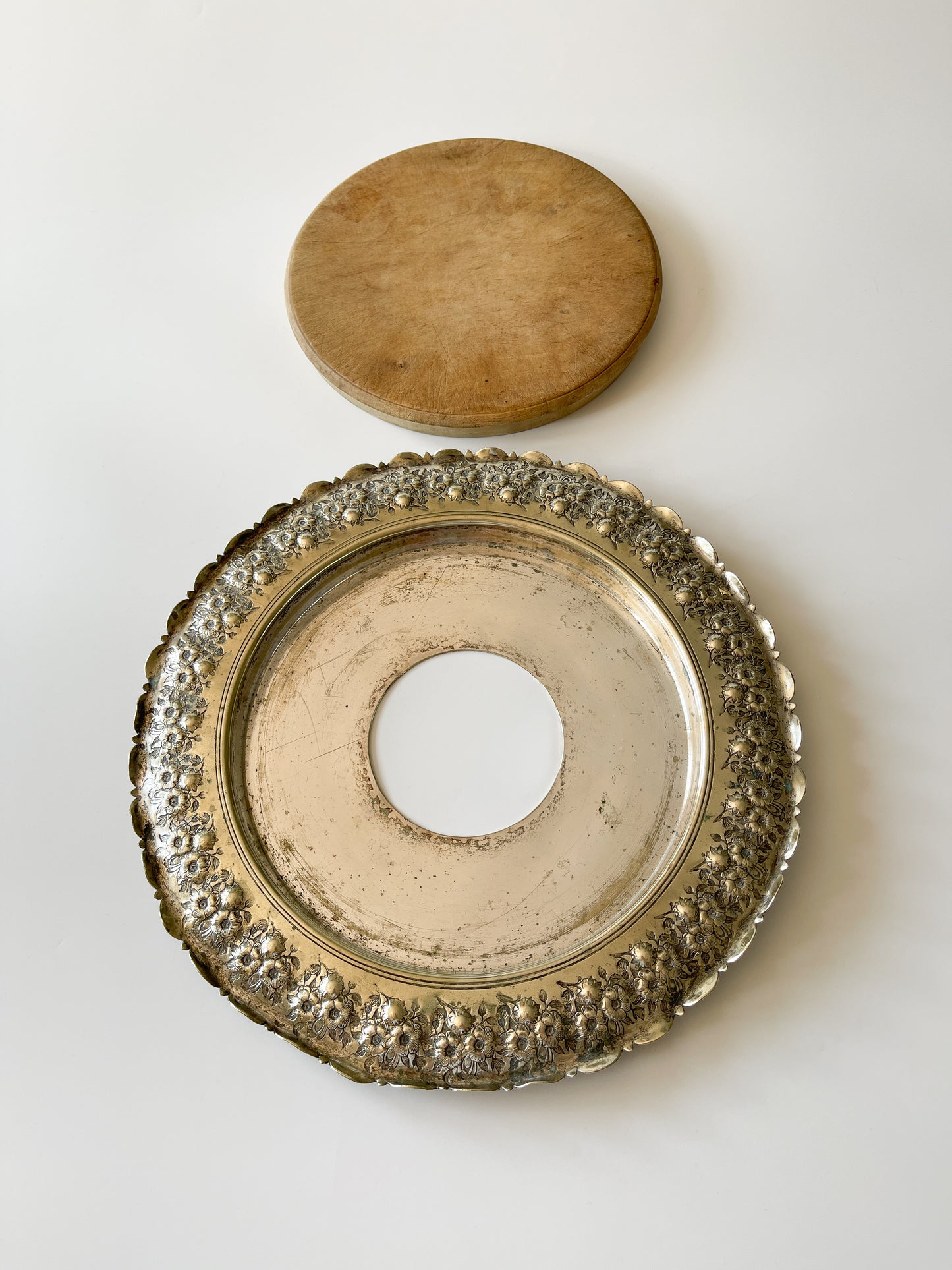 Antique Scottish Silver Plated Floral Bread Board Tray