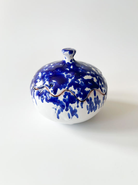 Vintage Ceramic Blue Spatter Puzzle Lid Jar