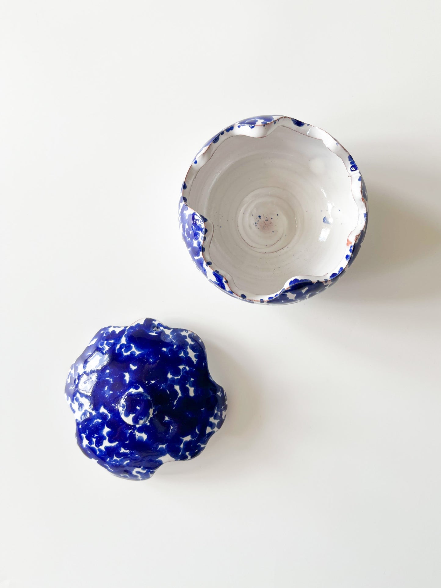 Vintage Ceramic Blue Spatter Puzzle Lid Jar