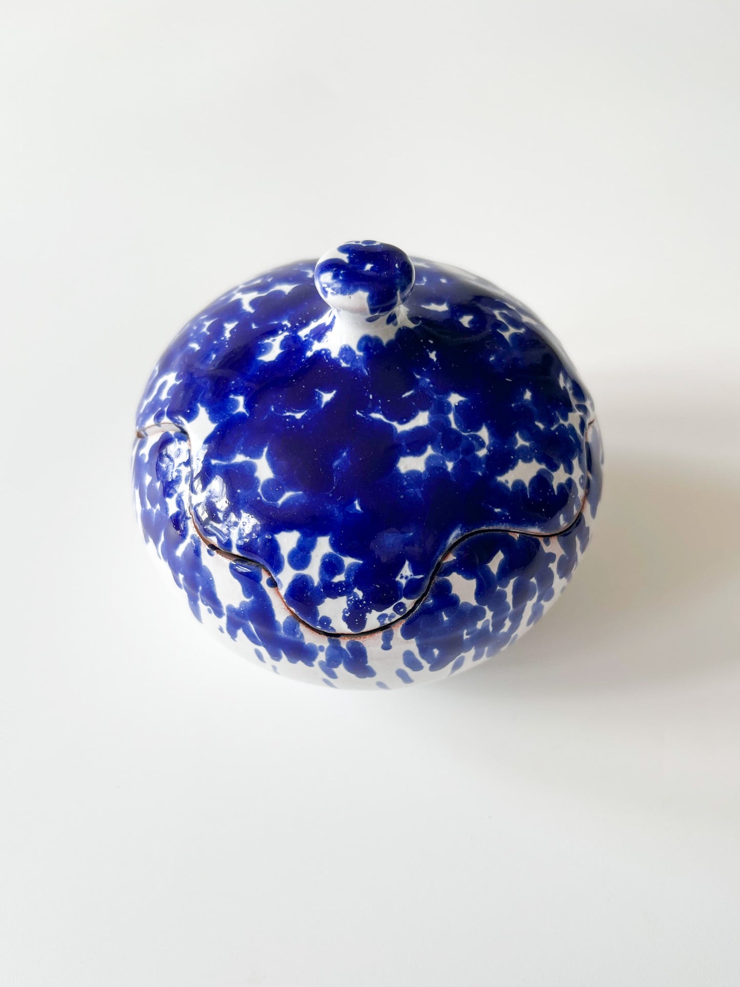 Vintage Ceramic Blue Spatter Puzzle Lid Jar