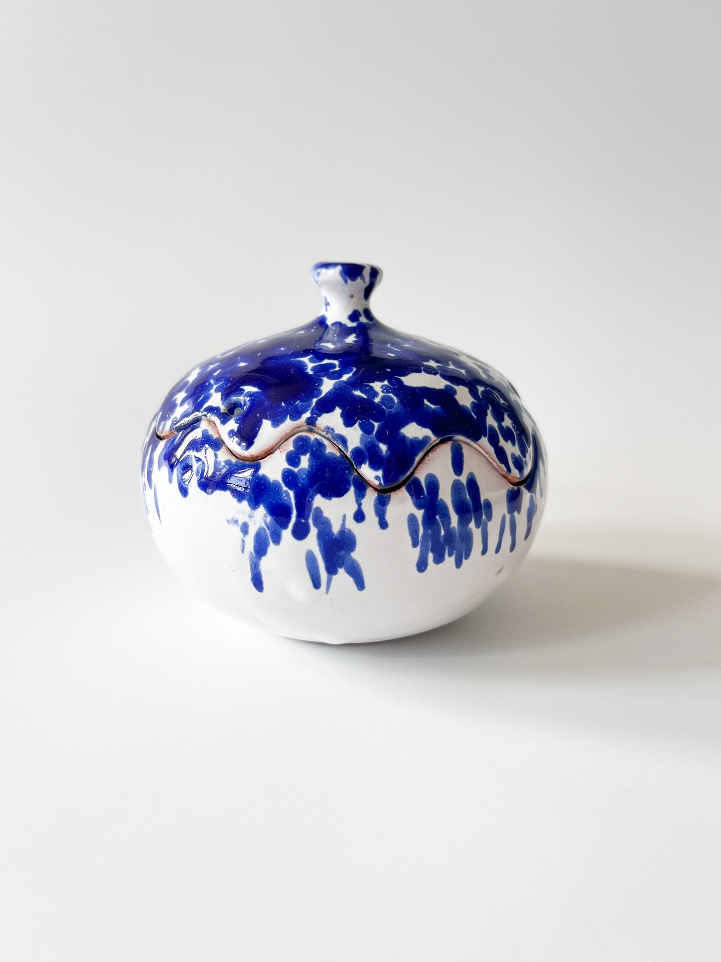 Vintage Ceramic Blue Spatter Puzzle Lid Jar