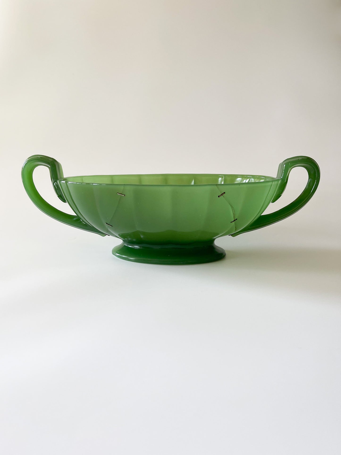 Antique Northwood Jade Green Glass Staple Repair Mantle Vase