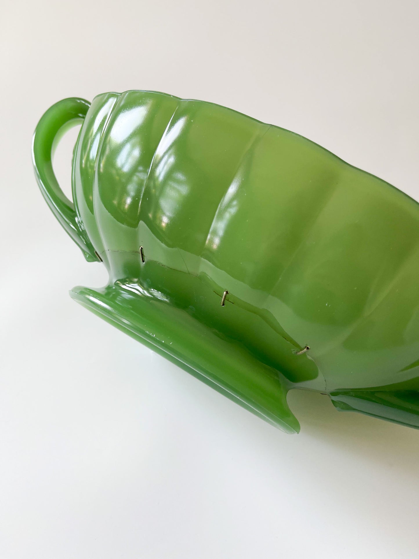 Antique Northwood Jade Green Glass Staple Repair Mantle Vase