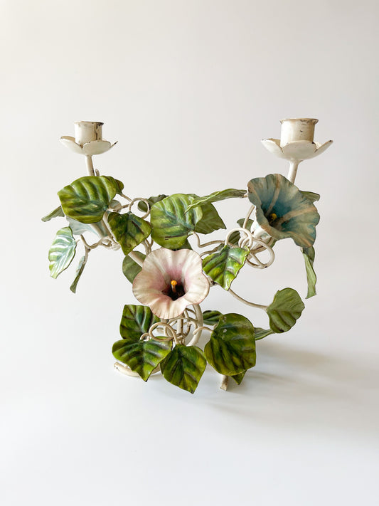 Vintage Morning Glory Toleware Candelabra