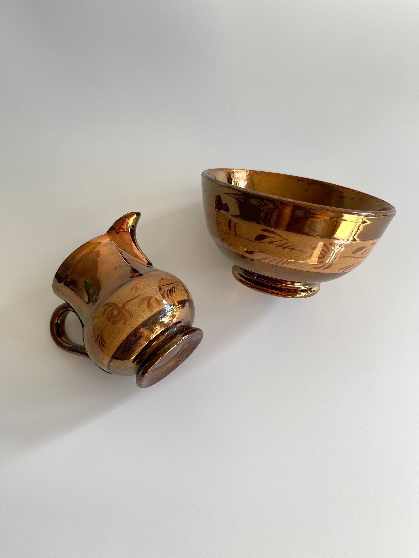 19th Century Copper Luster Creamer & Sugar Bowl