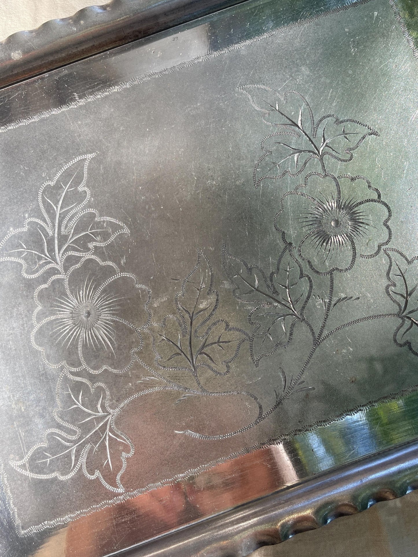Antique American Victorian Etched Metal Tray