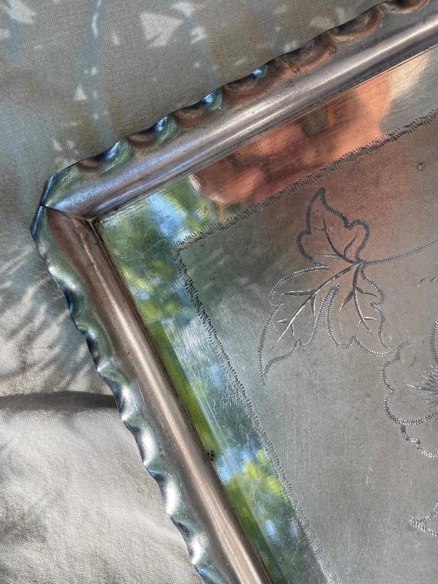 Antique American Victorian Etched Metal Tray