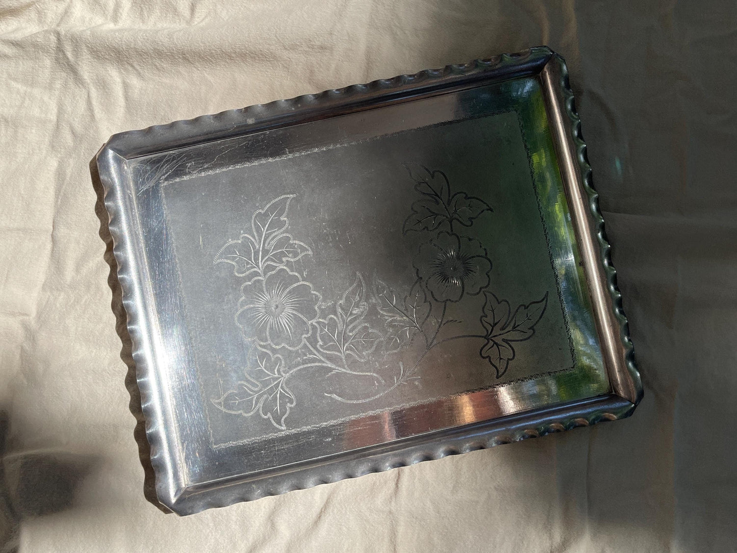 Antique American Victorian Etched Metal Tray